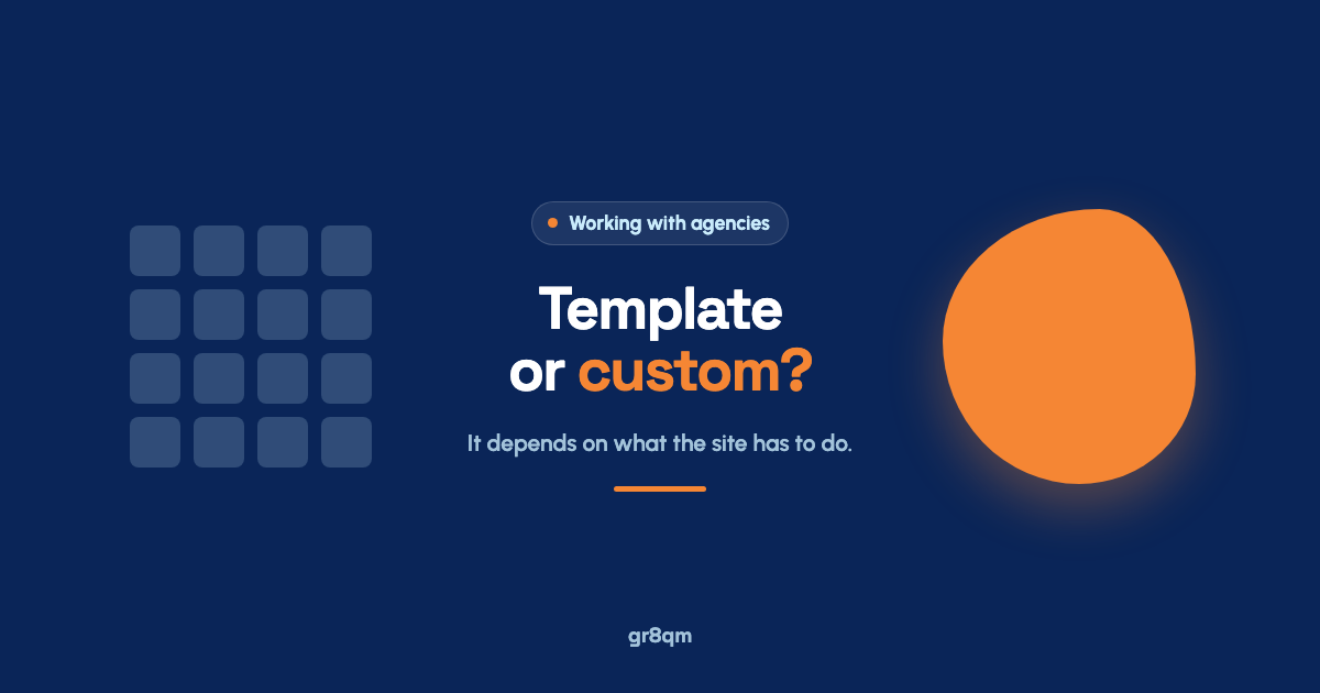Template vs custom website: a neat grid of identical blocks beside a single hand-shaped form