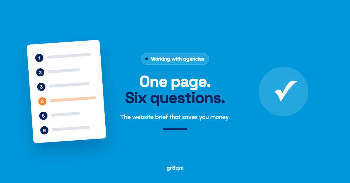 Website brief: a single page with six numbered questions and handwritten answers