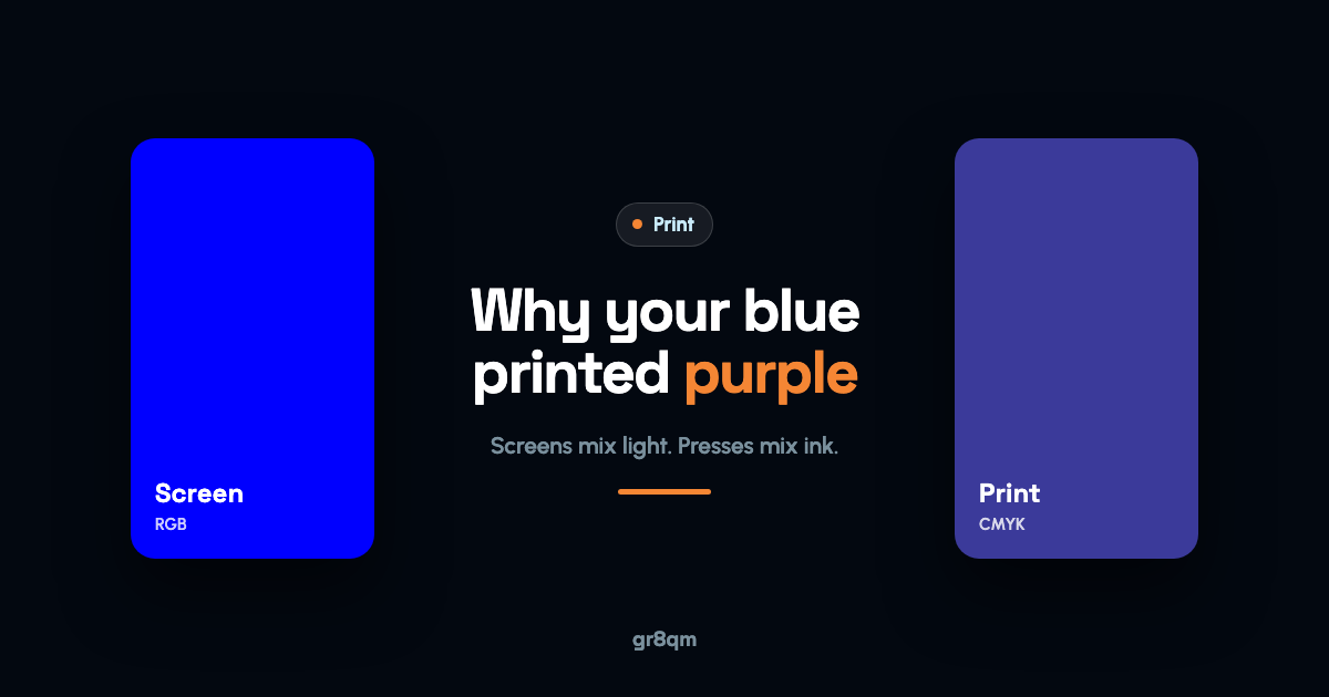 Why print colours look different: a bright screen blue beside the duller purple-tinged blue of the same colour printed on paper