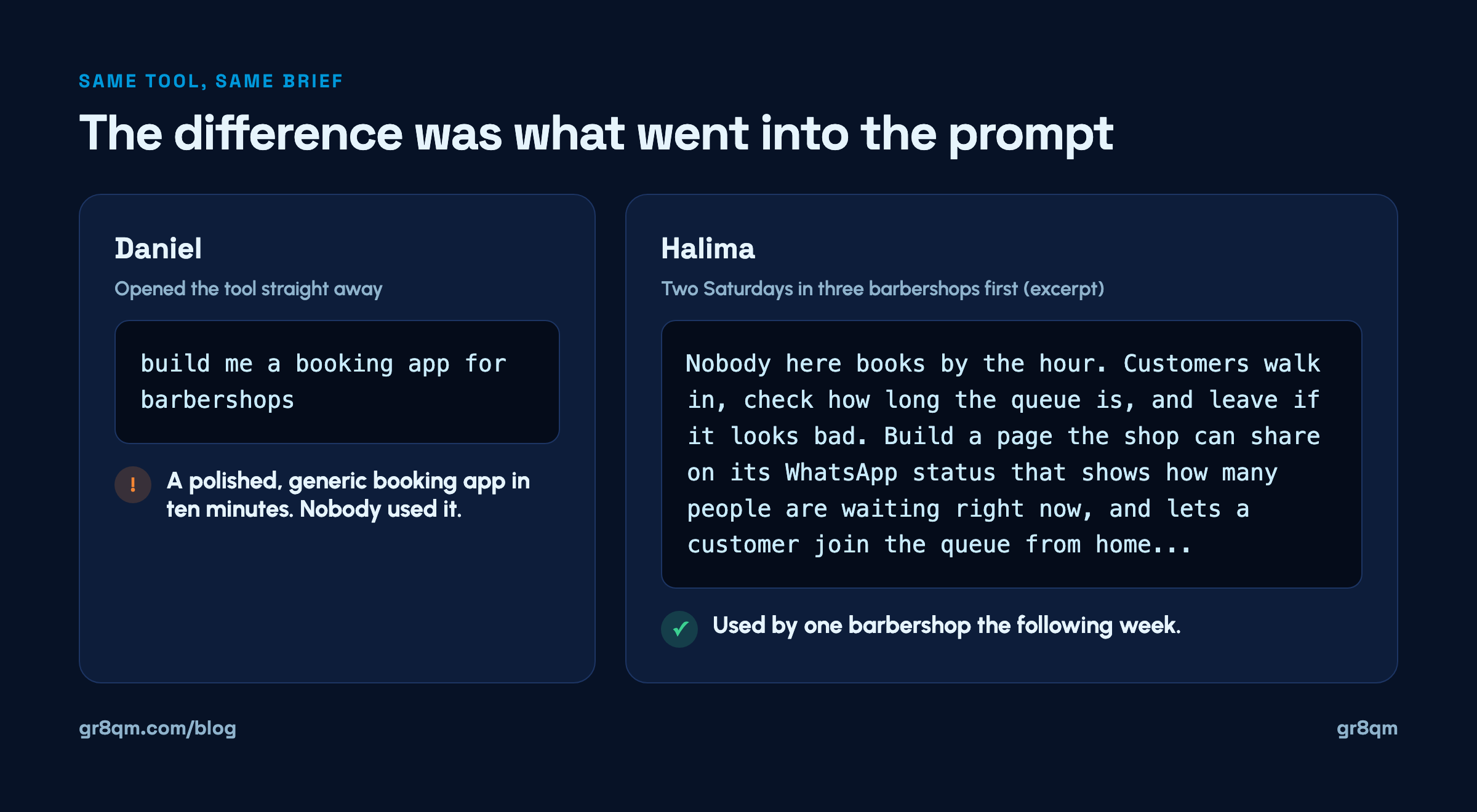 Will AI replace designers: a one-line prompt beside a research-led prompt for the same barbershop app, and what each produced